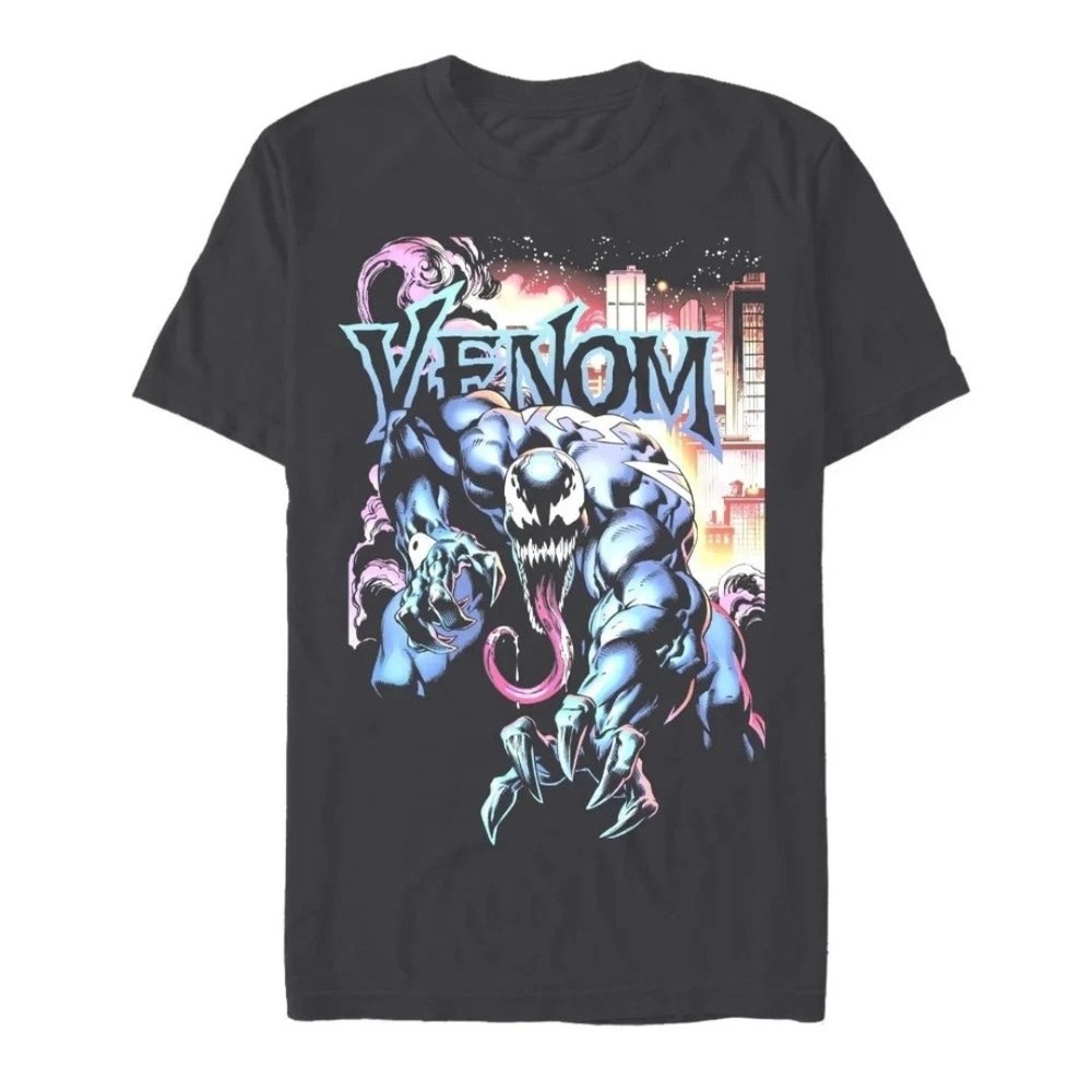 Men's Large Venom Marvel City Aflame Graphic T-Shirt Tee Charcoal‎